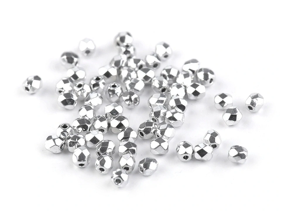 České brúsené sklenené korálky (ohňovky) 3 mm, 5 g – strieborné