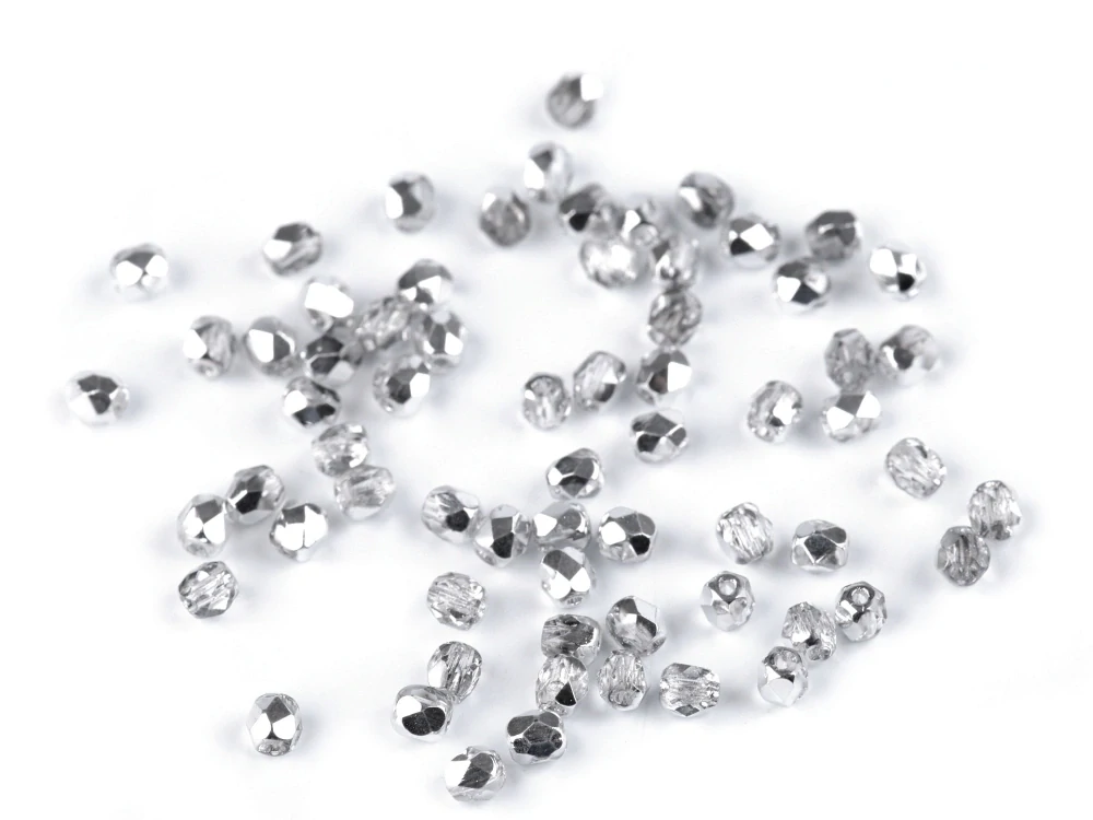 České brúsené sklenené korálky (ohňovky) 3 mm, 5 g – strieborné II